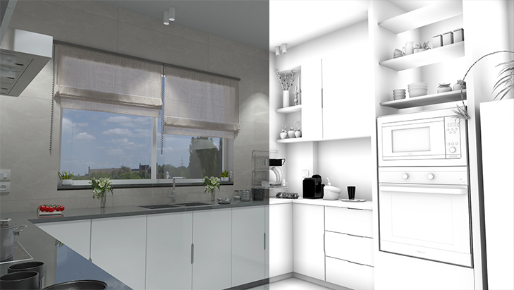Une visualisation 3D d'une cuisine