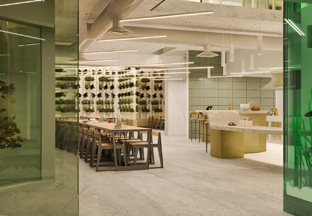 Grande salle avec les murs végétal dans le projet Le centre d’agriculture urbaine