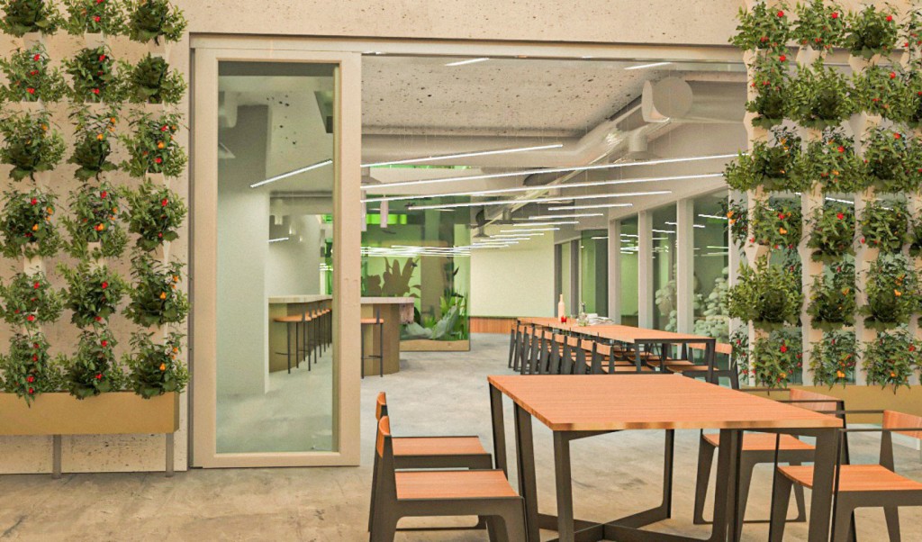 Grande salle avec les murs végétal dans le projet Le centre d’agriculture urbaine